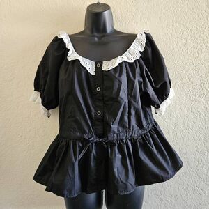 Lovely U-Dear Peplum Blouse with Lace Accents